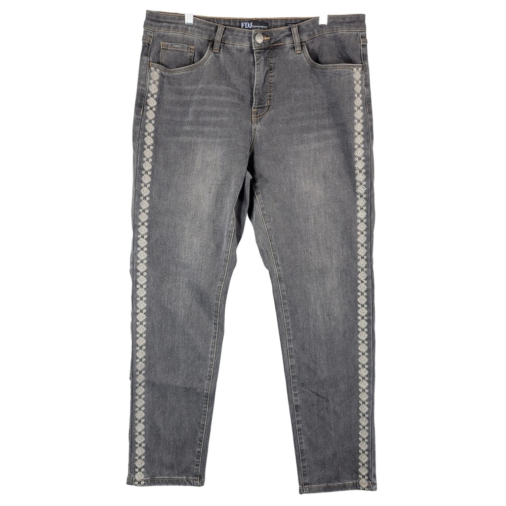 FDJ French Dressing Jeans Women 16 Gray Black Olivia Slim Leg Embroidered Side